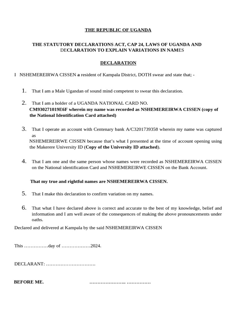 Name Variation Declaration Uganda | PDF