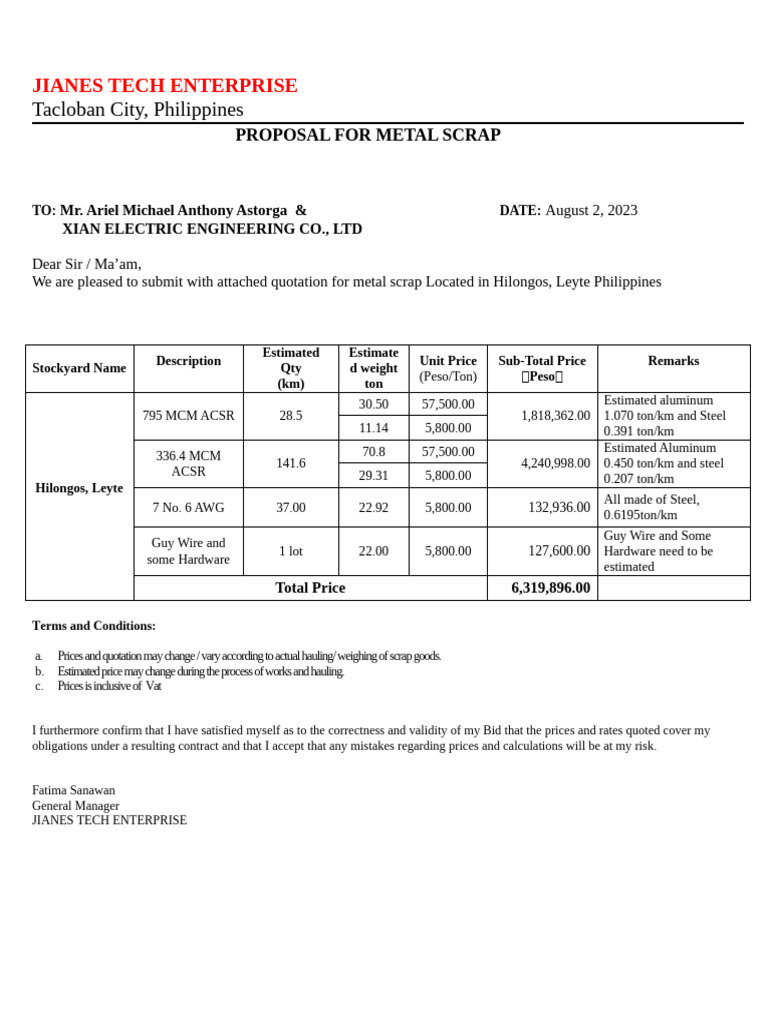 Metal Scrap Proposal for Xian Electric | PDF | Scrap