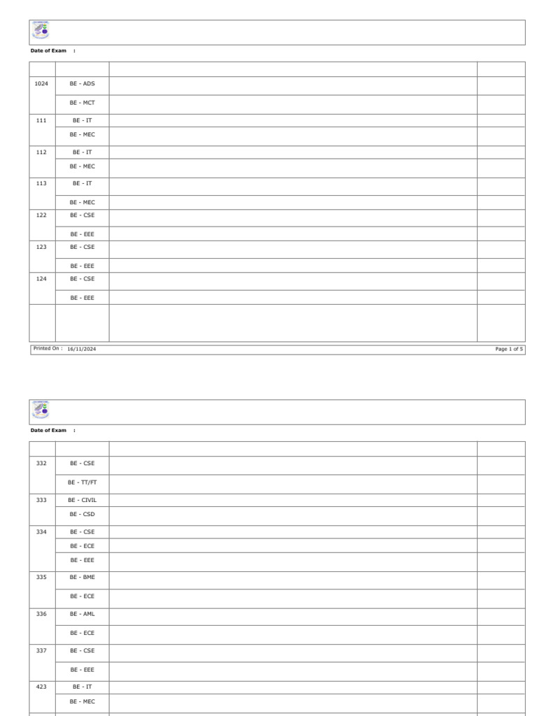 CIE Test - 3rd Year 5 Semester Hall Allocation | PDF