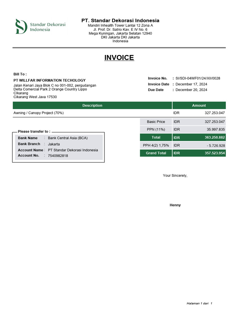 Invoice for Awning Project - PT Standar Dekorasi | PDF