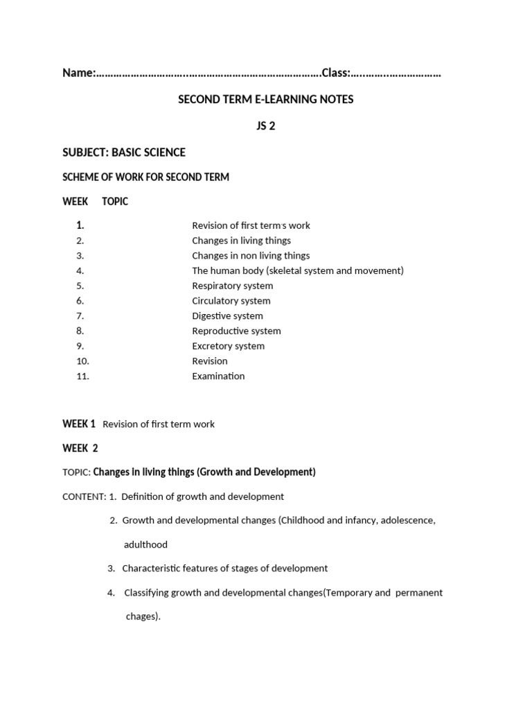 JSS2 Basic Science Second Term Notes | PDF | Digestion | Skeleton