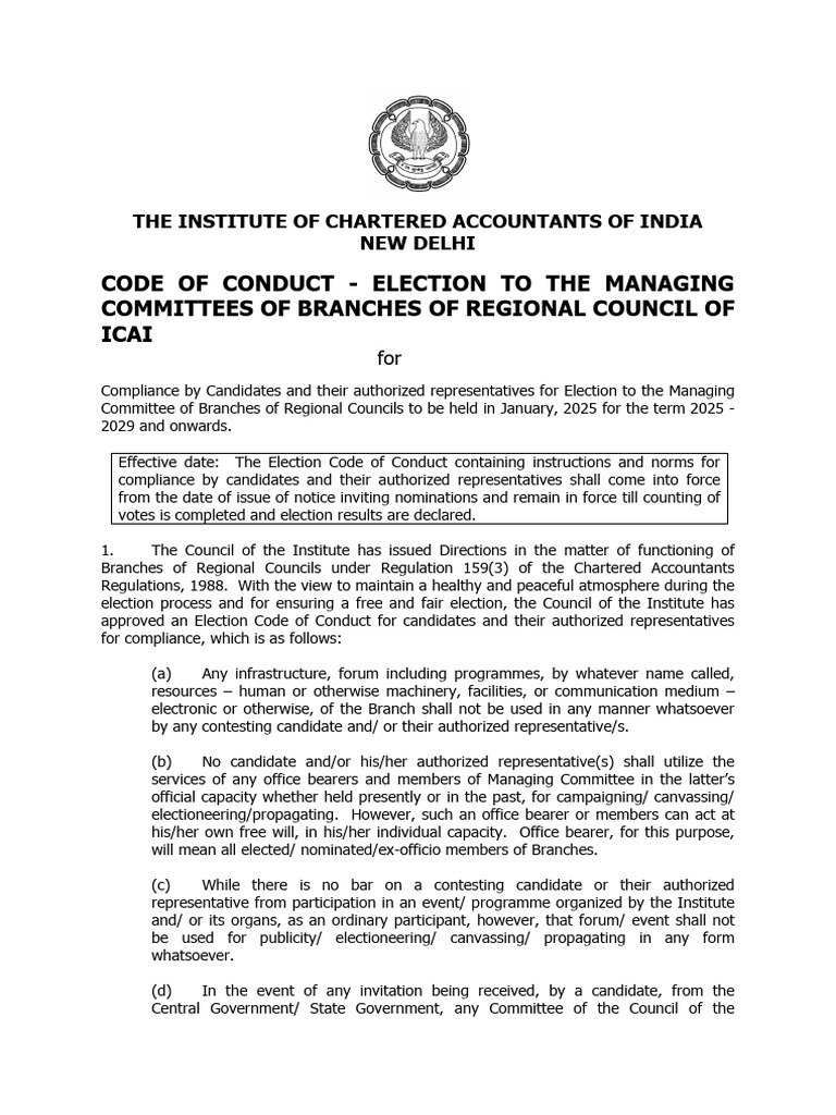 ICAI Election Code of Conduct 2025 | PDF | Elections | Political Campaigns