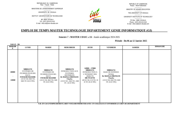 Emploi du temps Master Génie Informatique | PDF | Informatique