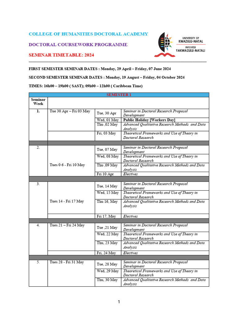 Doctoral Coursework Programme 2024 (SEMINAR TIMETABLE) | PDF ...