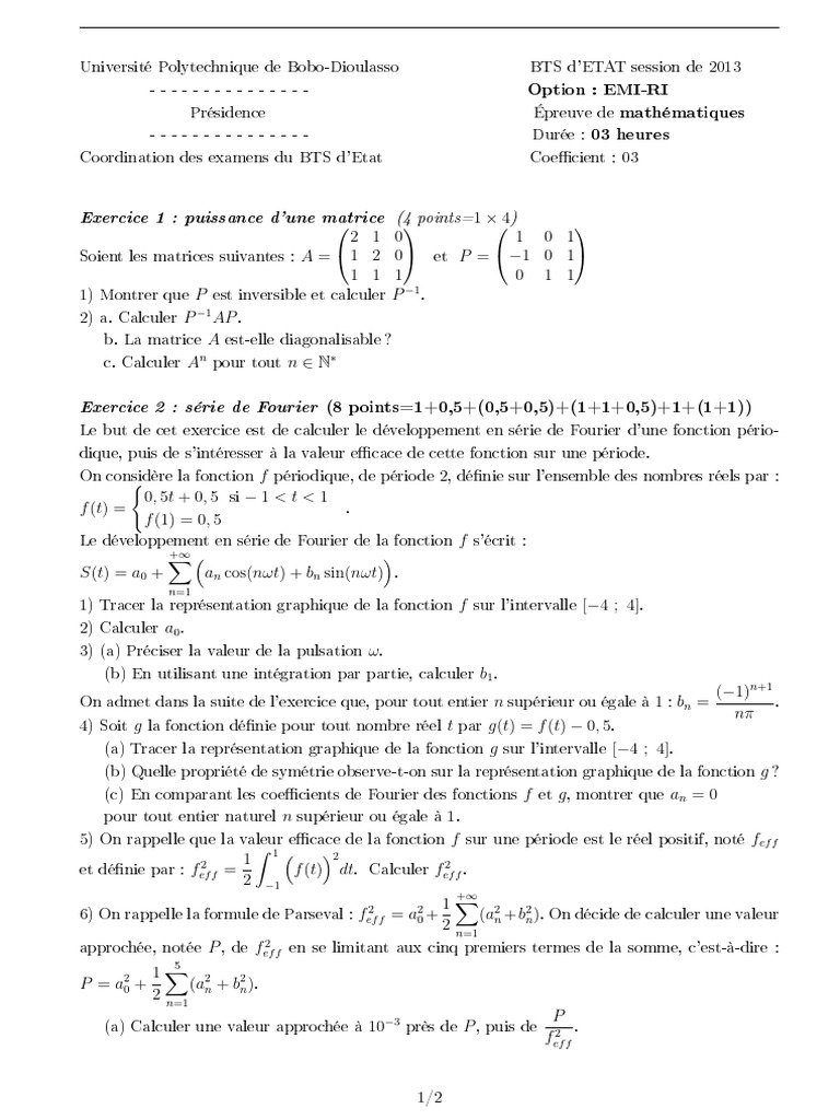 BTS MATH EMI-RI Enon 2013 | PDF | Mathématiques | Algèbre
