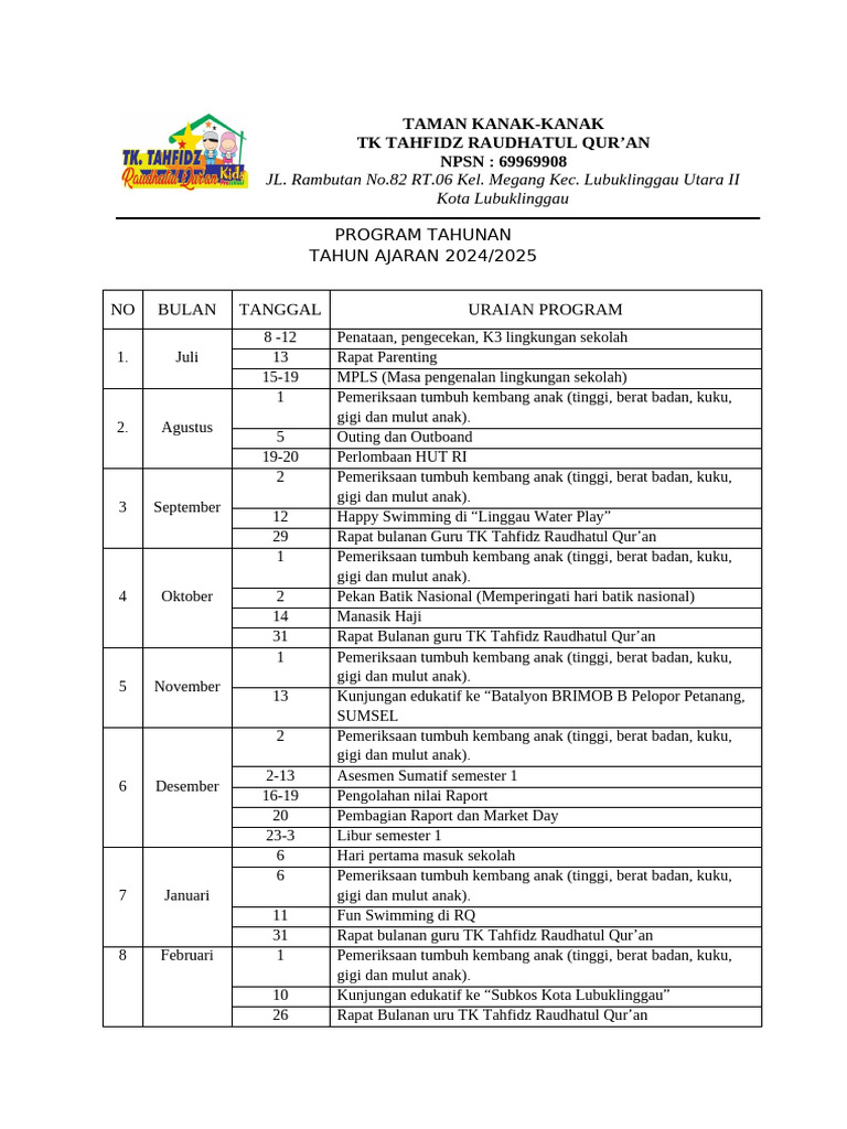 Program Tahunan PAUD 2024/2025 | PDF
