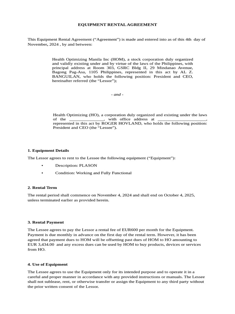 Equipment Rental Agreement Template | PDF | Lease | Civil Law (Common Law)