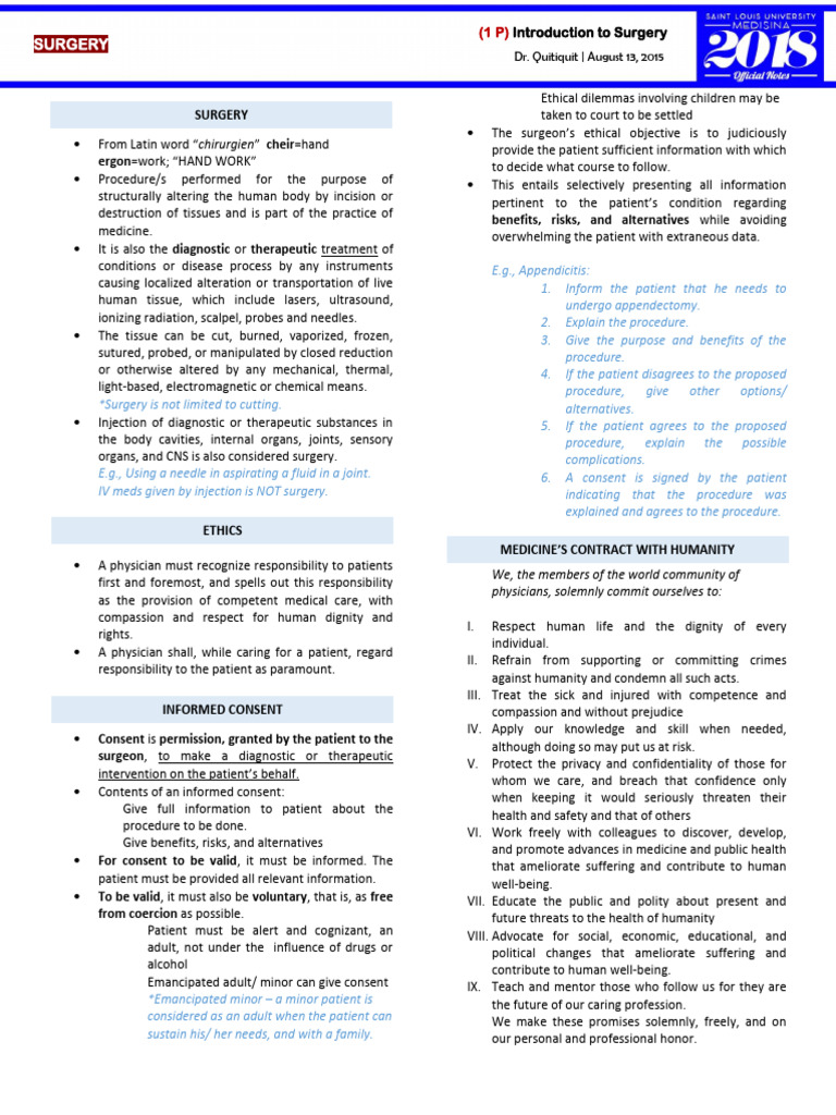 (1 P) Introduction To Surgery | PDF | Surgery | Informed Consent
