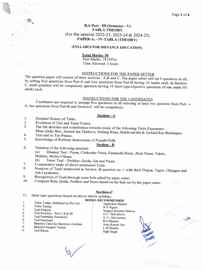 B.A. Part III (Semester V & VI) Subject-Tabla (For Distance Education ...