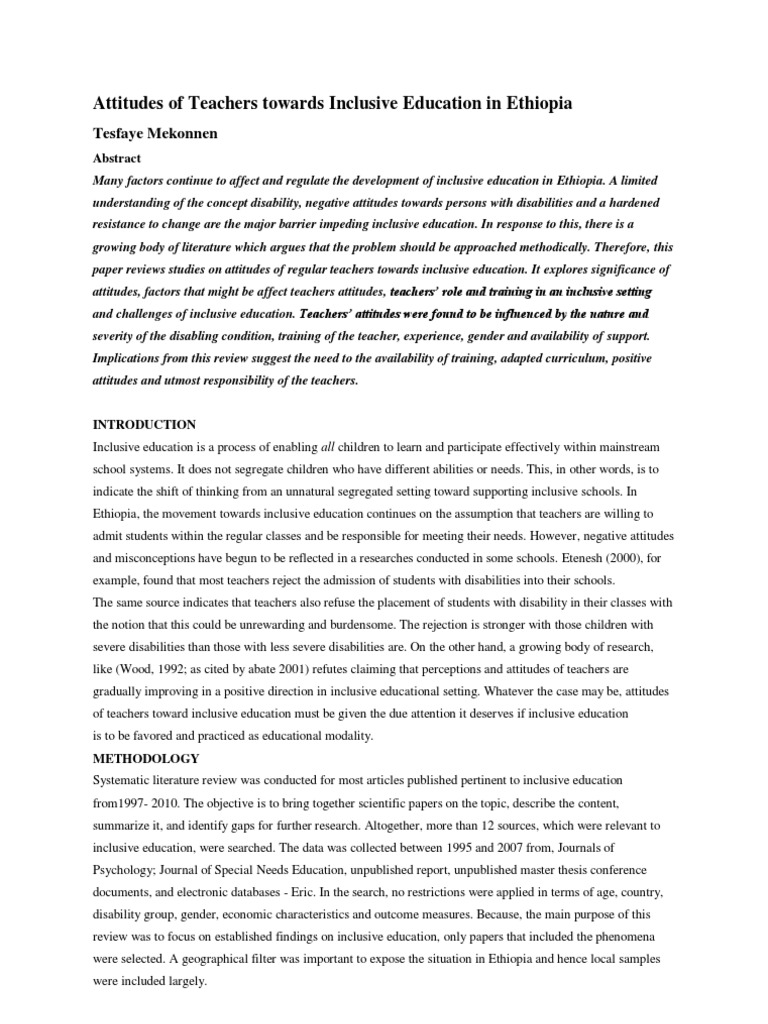 Teachers' Attitudes on Inclusive Education Ethiopia | PDF | Inclusion ...