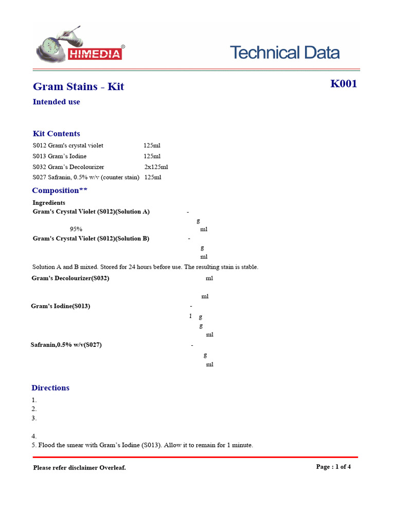 Gram Stain Kit Instructions and Use | PDF | Staining | Biology