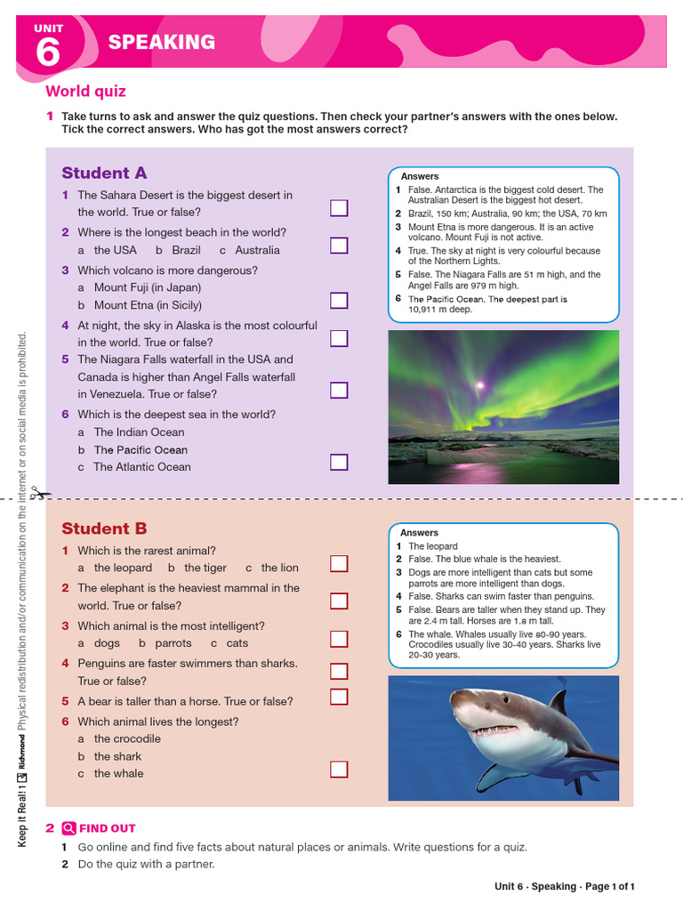 KIR Level 1 Worksheets Unit 6 Speaking | PDF