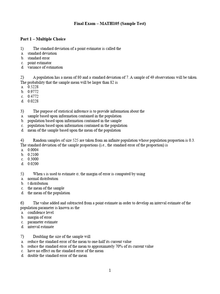 Final Exam - Sample Test | PDF | Standard Error | Type I And Type Ii Errors