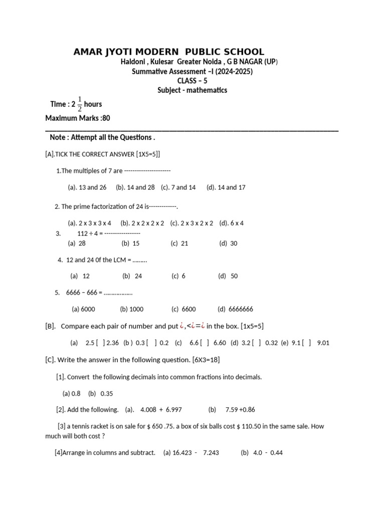 Class 5 Maths Summative Assessment 2025 | PDF | Mathematics
