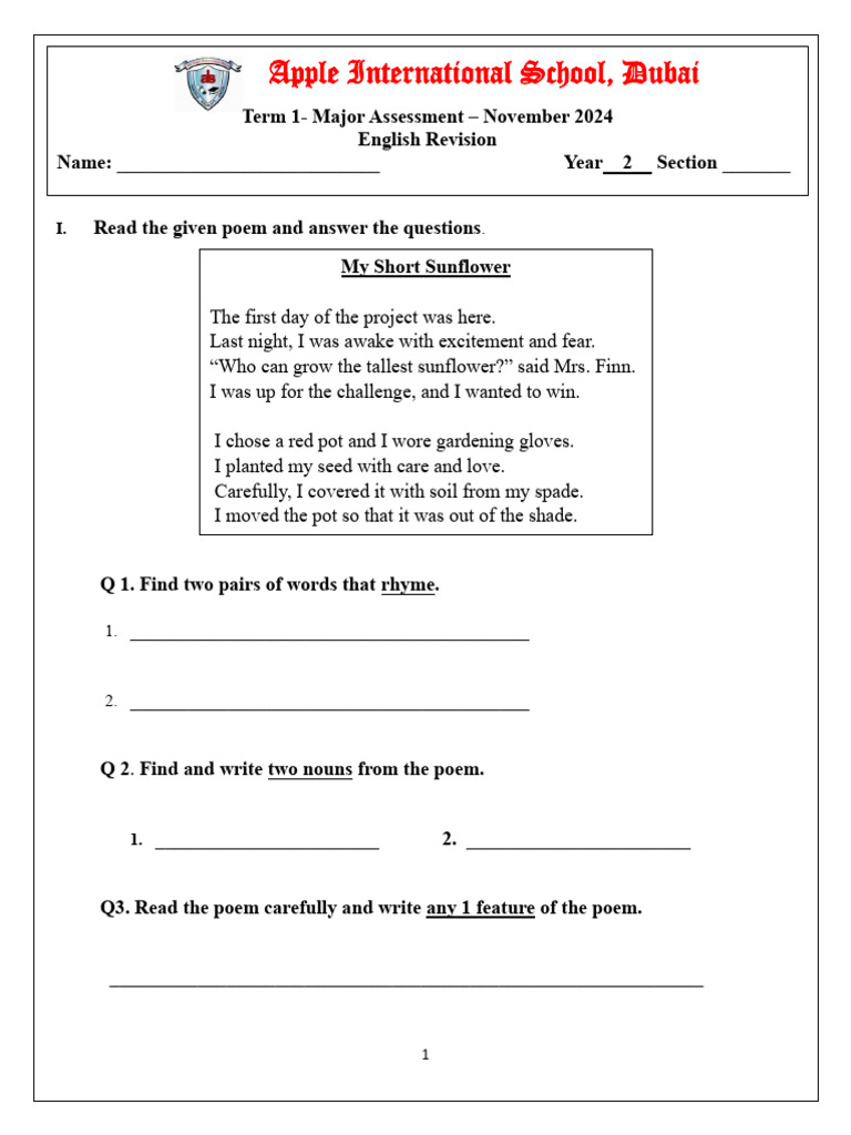 Year 2 English Revision Worksheet | PDF | Syntax | Language Mechanics