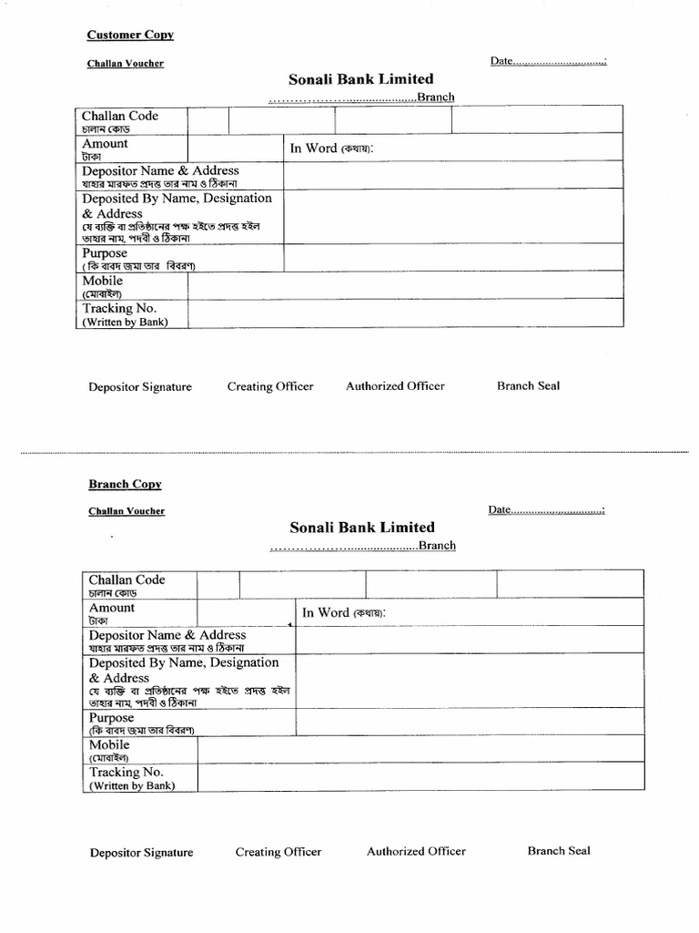 Sonali Bank Challan Form | PDF