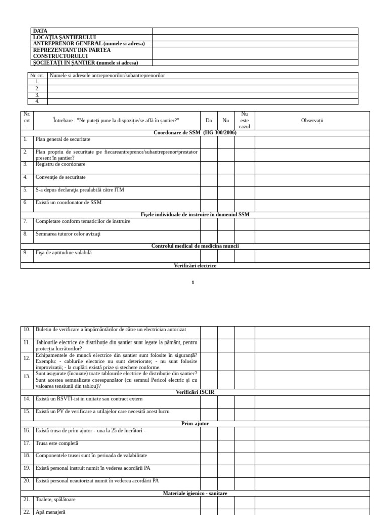 CHECK-LIST - CERINȚE MINIME DE SSM SU - MEDIU PENTRU ȘANTIERE - Scurt | PDF