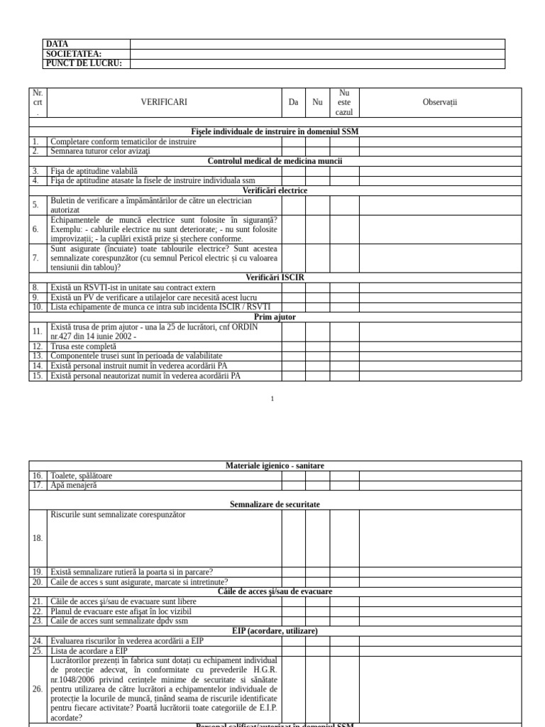 Check-List - Cerințe Minime de SSM | PDF
