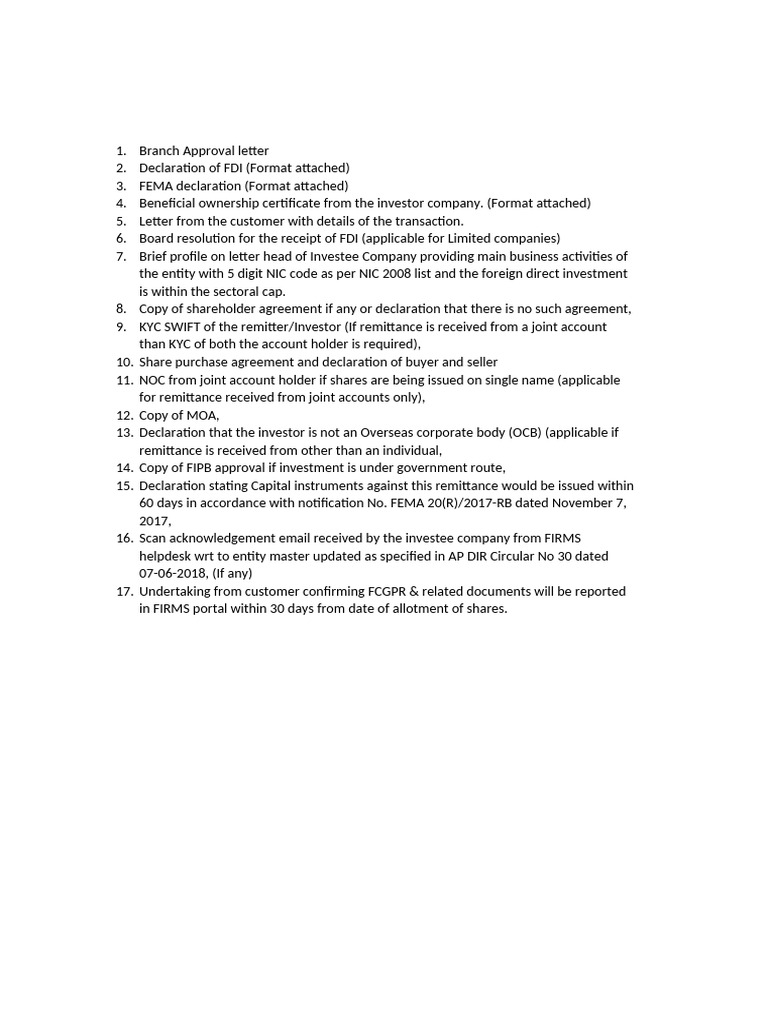 Docs Required For Fdi | PDF