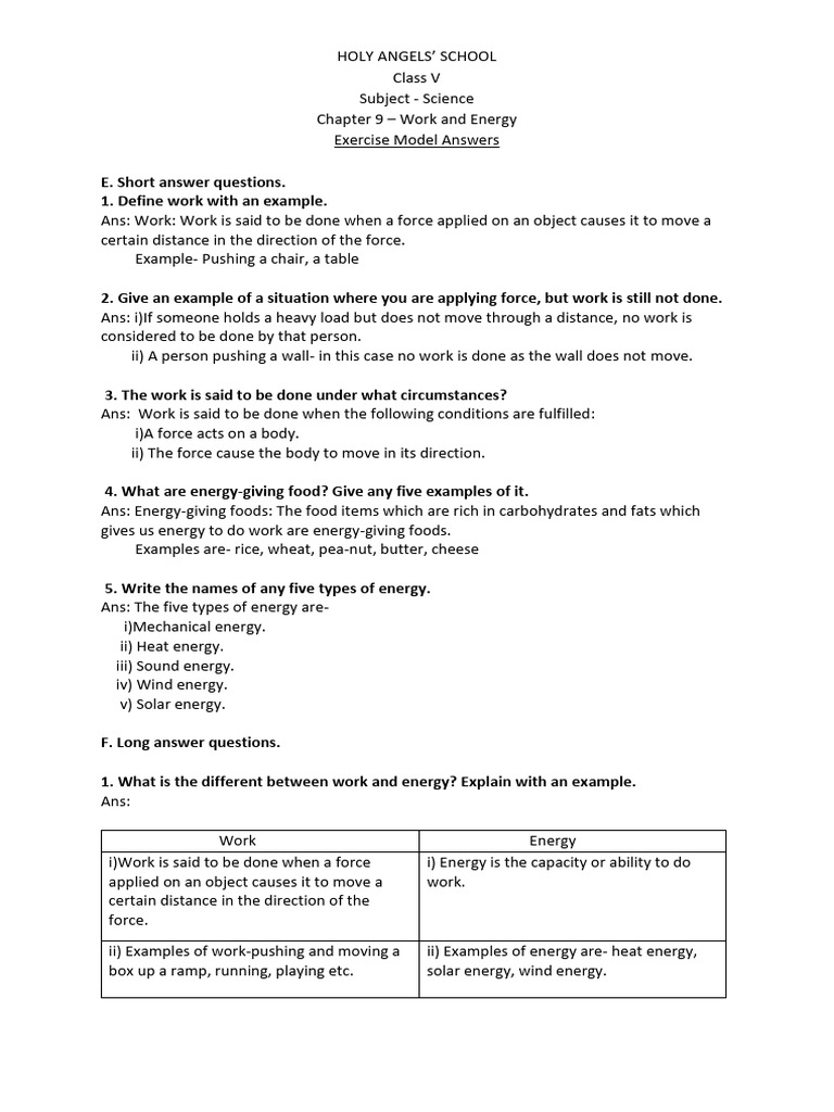 Work and Energy Concepts for Class V | PDF | Force | Foods