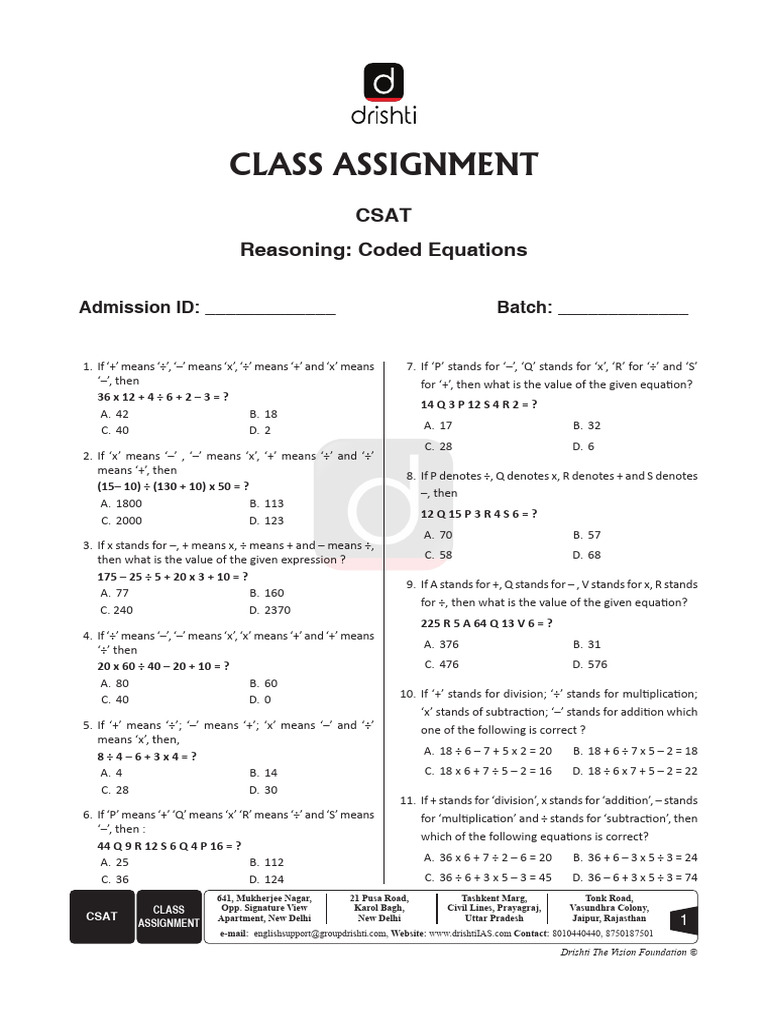 Coded Equations Reasoning Assignment | PDF | Mathematical Concepts ...
