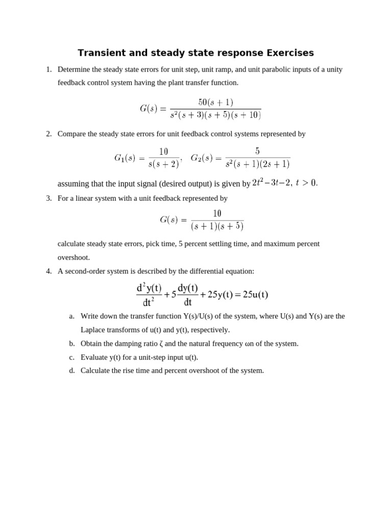 Transient and Steady State Response Exercises | PDF