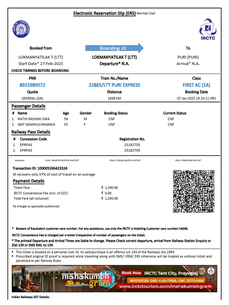 IRCTC E-Ticket Confirmation Details | PDF | Identity Document | Payments