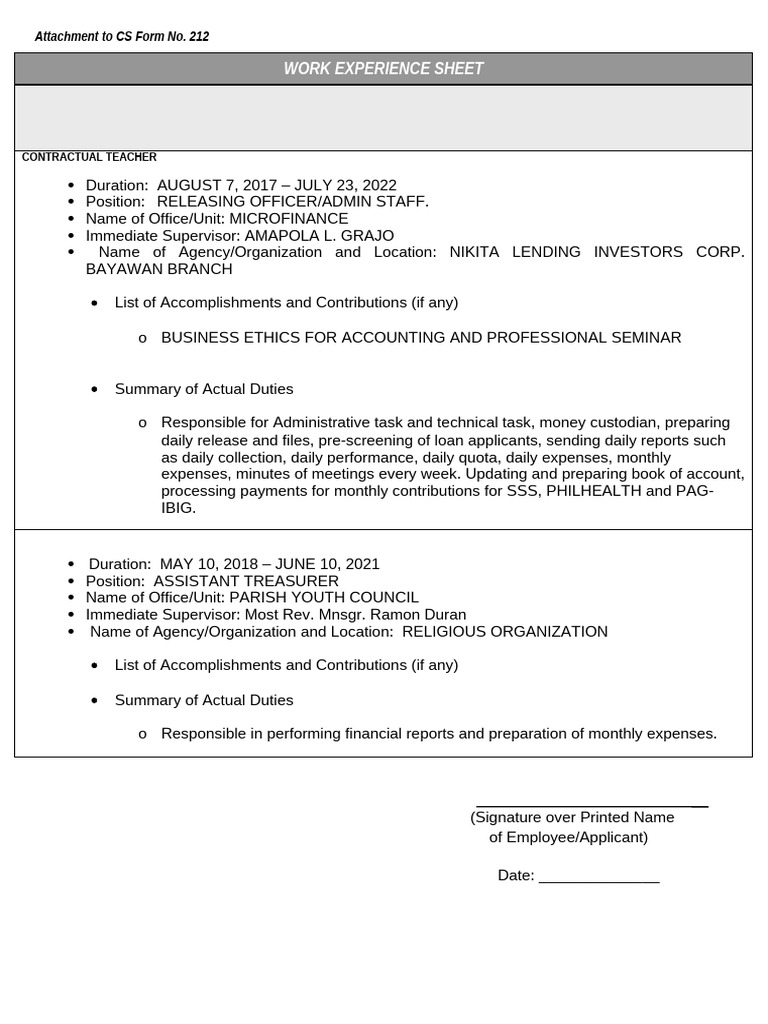 Work Experience Sheet | PDF