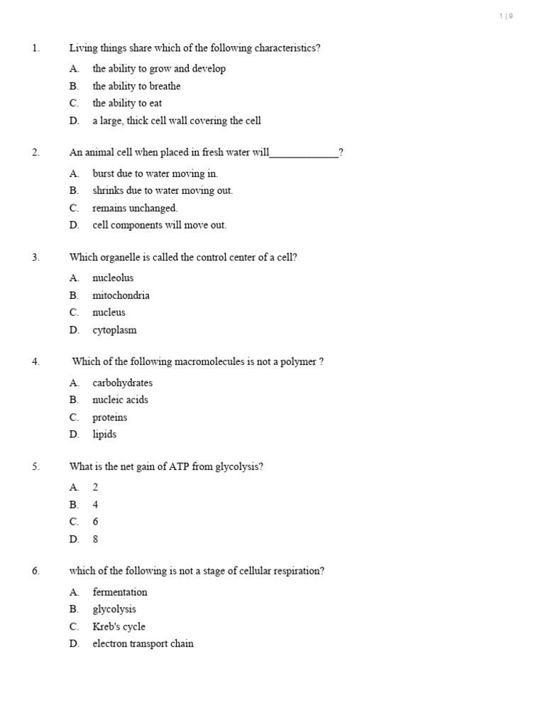 MCQ 2 | PDF | Cell (Biology) | Cellular Respiration