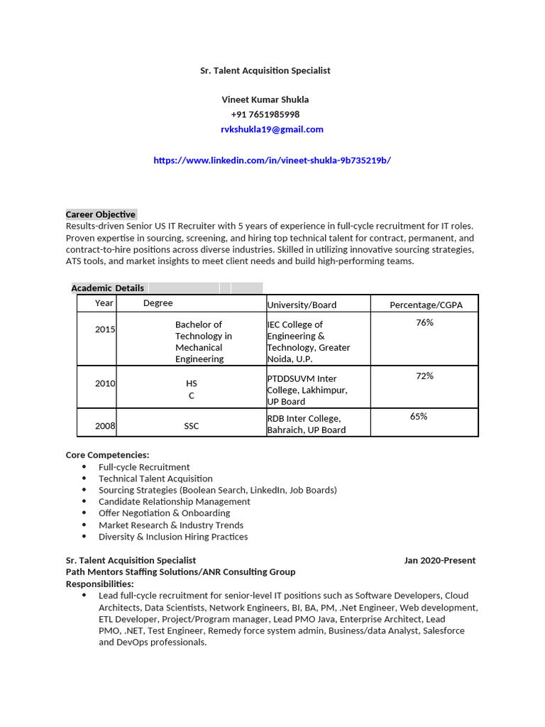 Vineet Kumar Shukla Sr. Talent Acquisition Specialist Resume | PDF ...