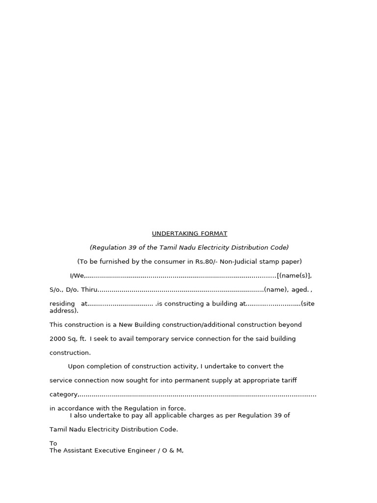 TNEB Undertaking Format for Temporary Service | PDF