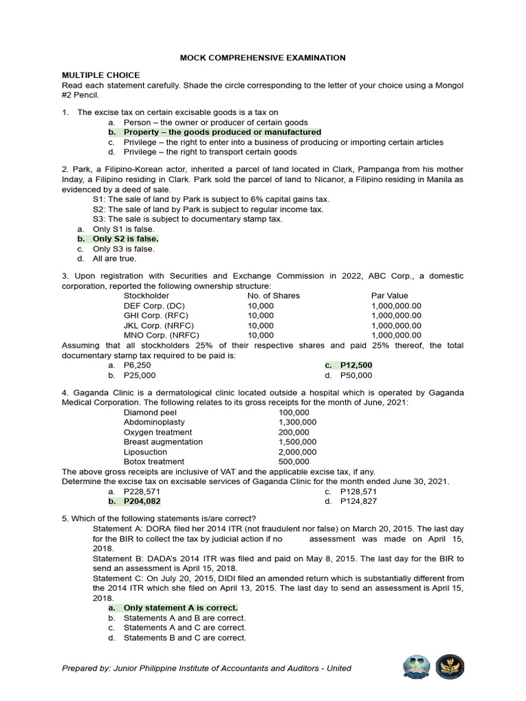 Mock Comprehensive Examination | PDF | Taxes | Value Added Tax