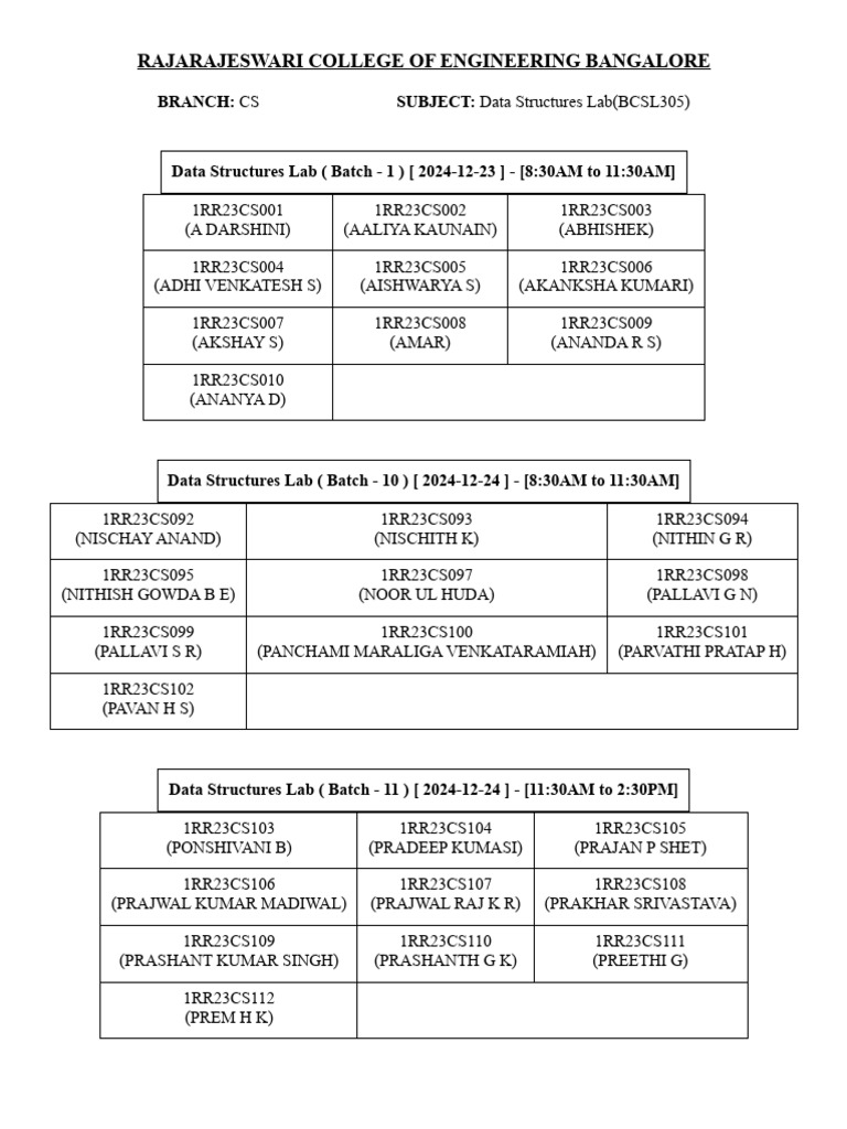 Data Structures Lab Schedule 2024 | PDF