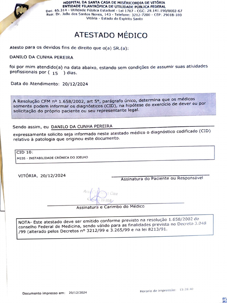 Atestado Médico de Danilo Pereira | PDF