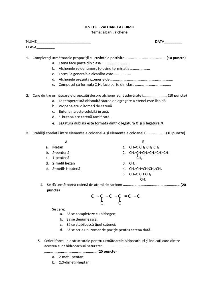 Test - Hidrocarburi Alcani, Alchene | PDF