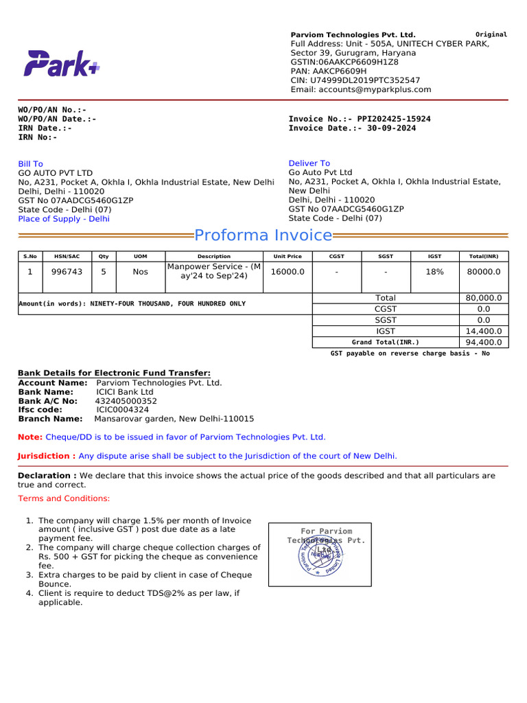 Go Auto PVT LTD - Manpower Service Pi (May'24 To Sep'24) | PDF ...