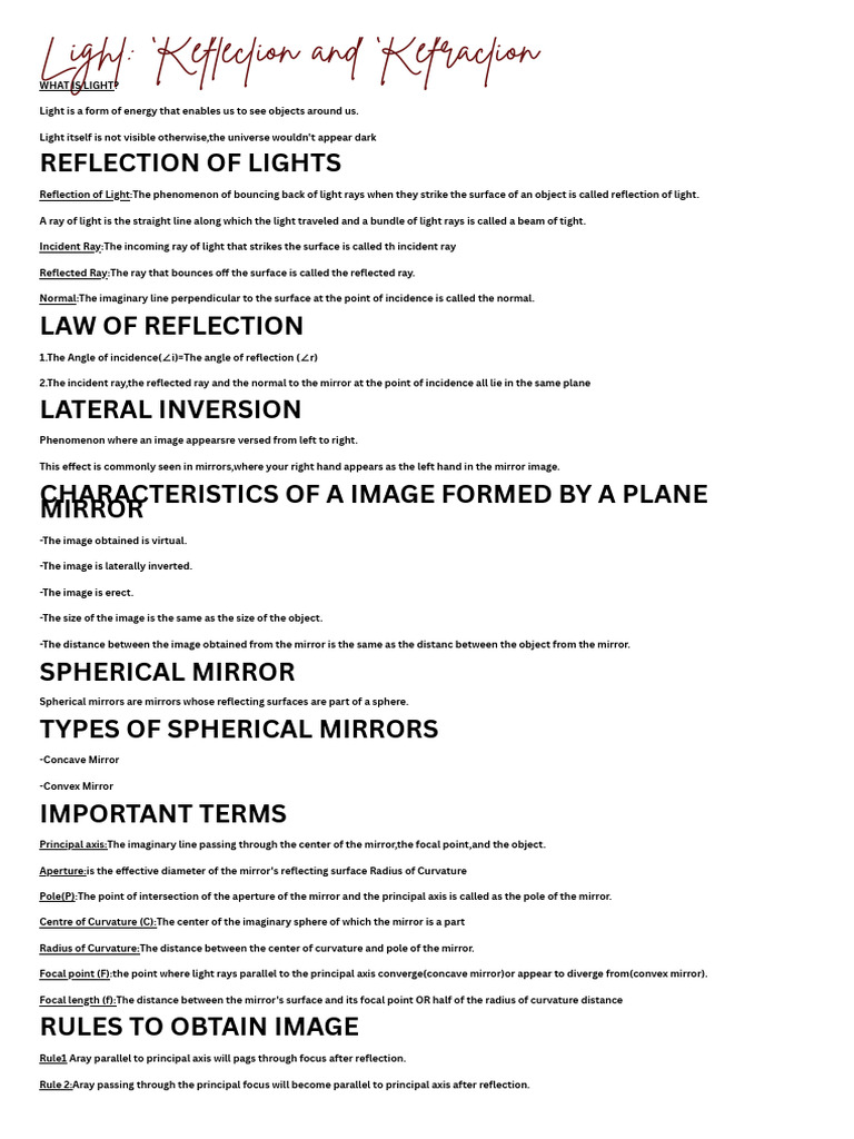 Light: Reflection and Refraction Explained | PDF | Mirror | Reflection ...