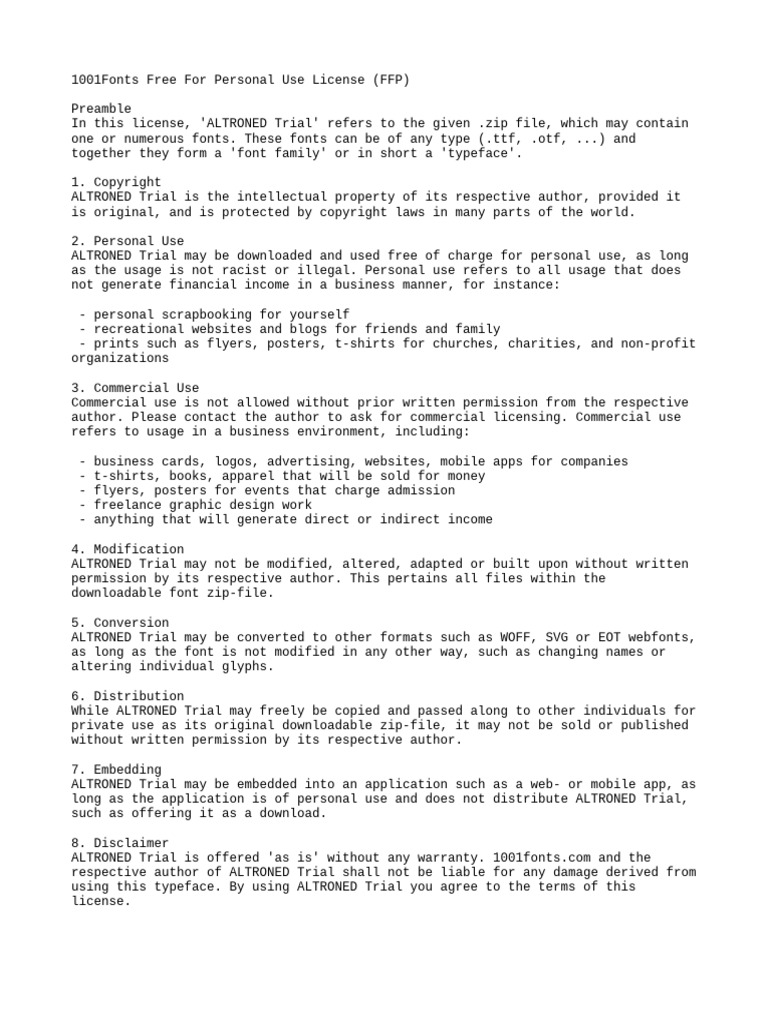 1001fonts Altroned Trial Eula | PDF | Digital Technology | Printing