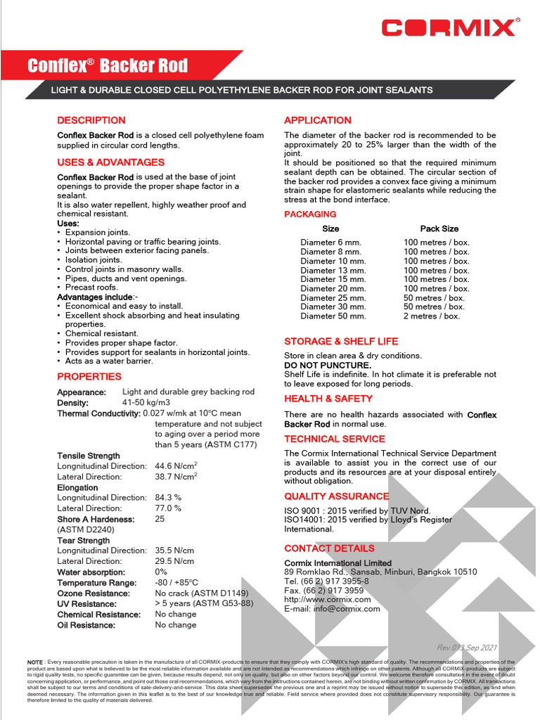 TDS-EN-Conflex Backer Rod - Rev 013-Sep 21 | PDF | Building Materials ...