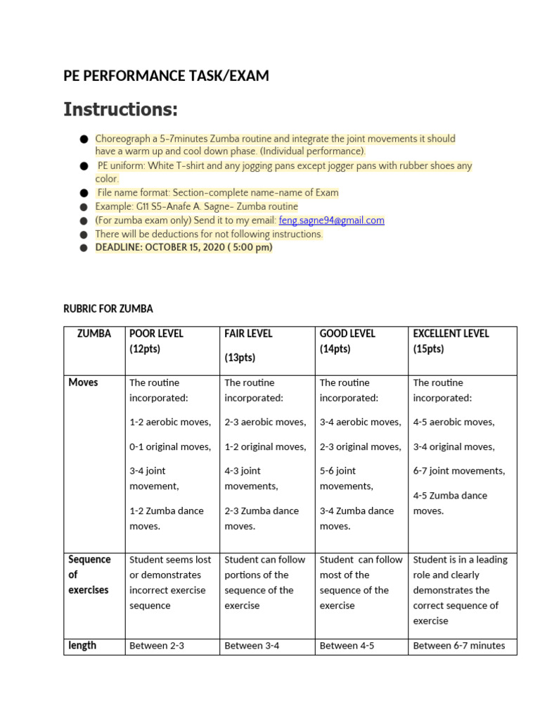 Rubric for Zumba1 | PDF | Dances | Physical Exercise