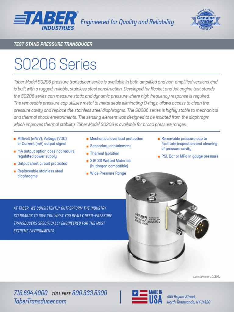 Taber S0206 Pressure Transducer Overview | PDF | Pressure Measurement ...