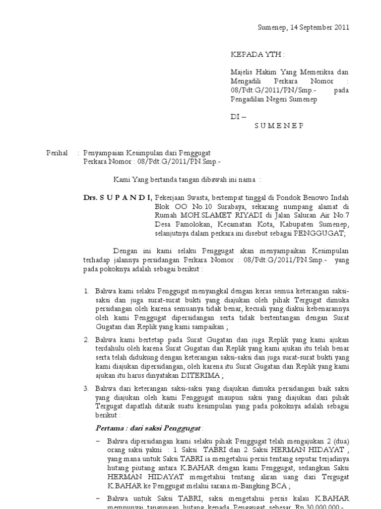 Contoh Surat Kesimpulan Gugatan Cerai Penggugat