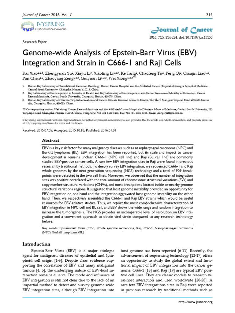 Genome-Wide Analysis of Epstein-Barr Virus EBV Int | PDF | Dna ...