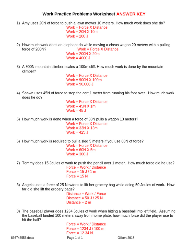 12b. ACARA - Physics - Work - Calculations2 - Answers | PDF | Force ...