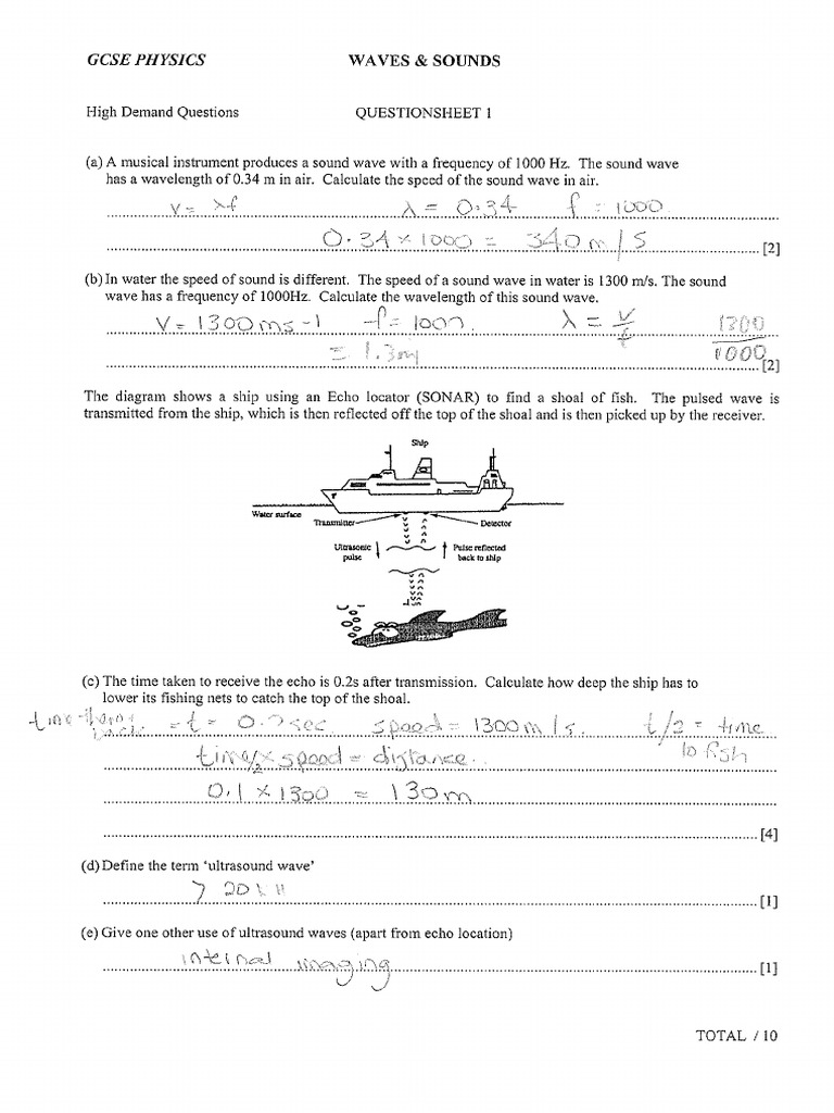 18b. Waves and Sound Revision Sheet 1-4 KEY | PDF