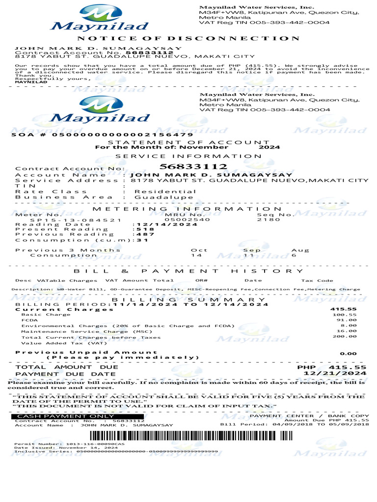 Maynilad Water Bill Statement 2024 | PDF | Value Added Tax | Taxes