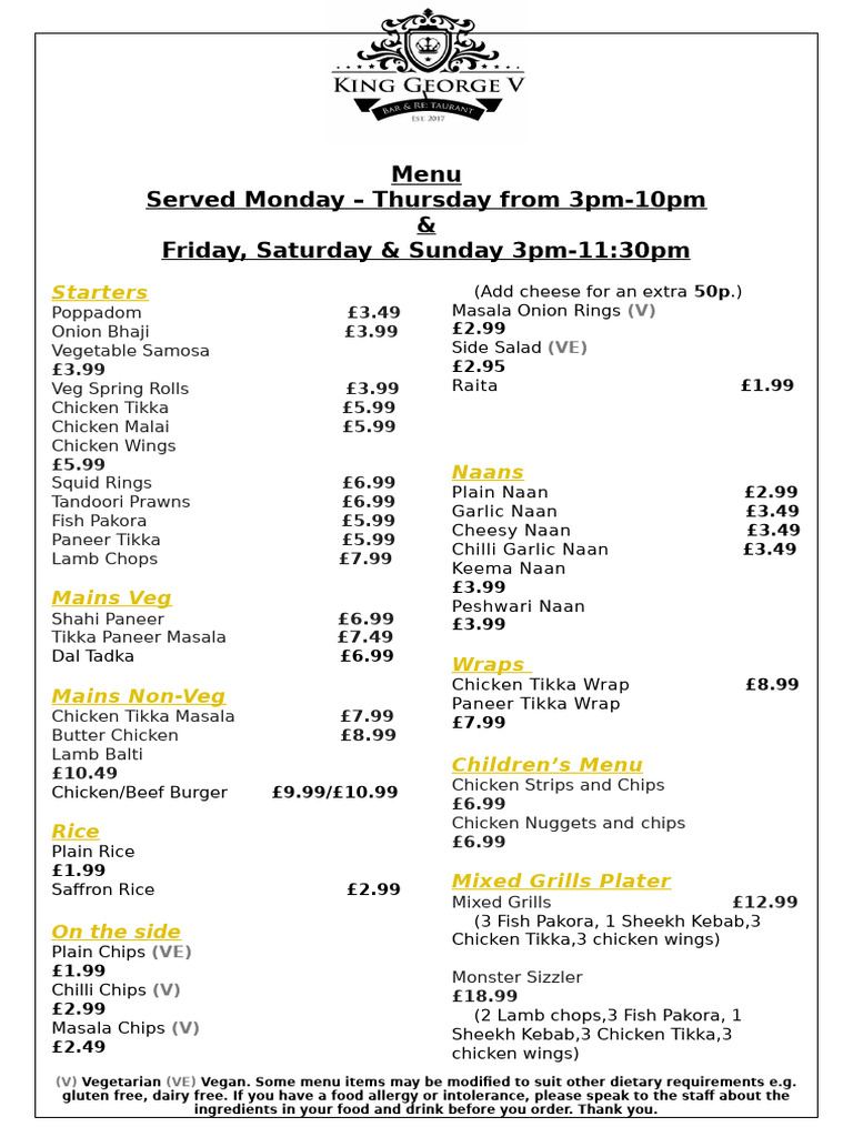 King George V Menu | PDF | Foods | Food And Drink Preparation