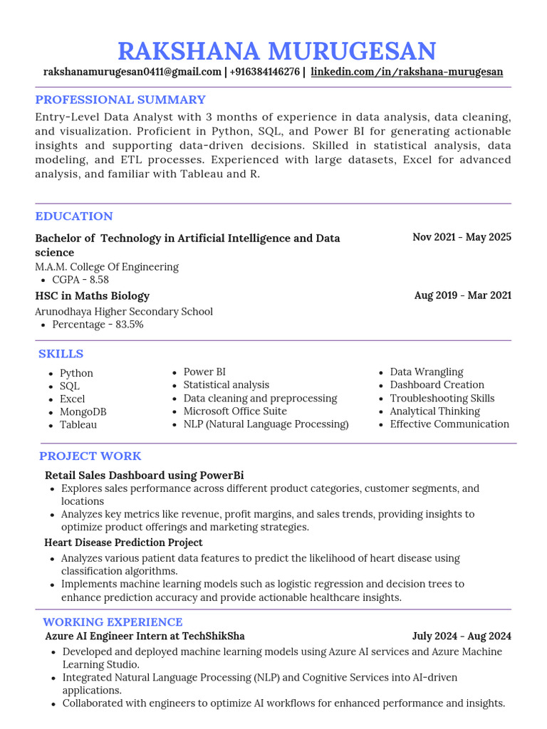 Rakshana Murugesan: Data Analyst Profile | PDF