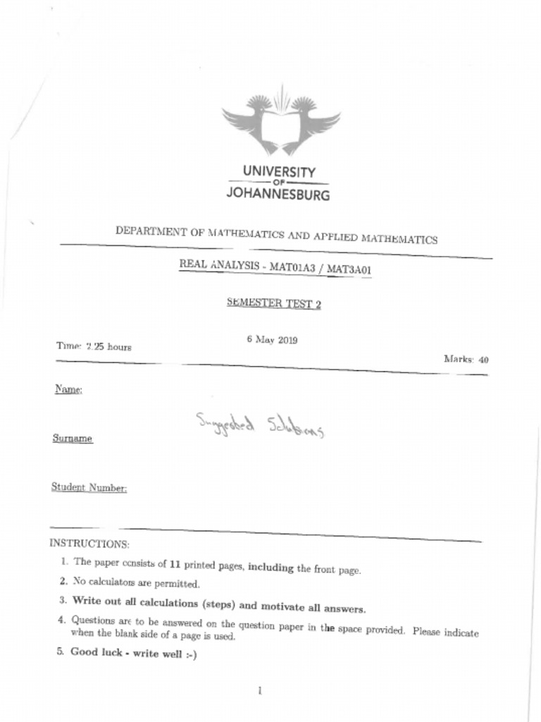 Real Semester Test 2 2019 (REAL ANALYSIS) | PDF