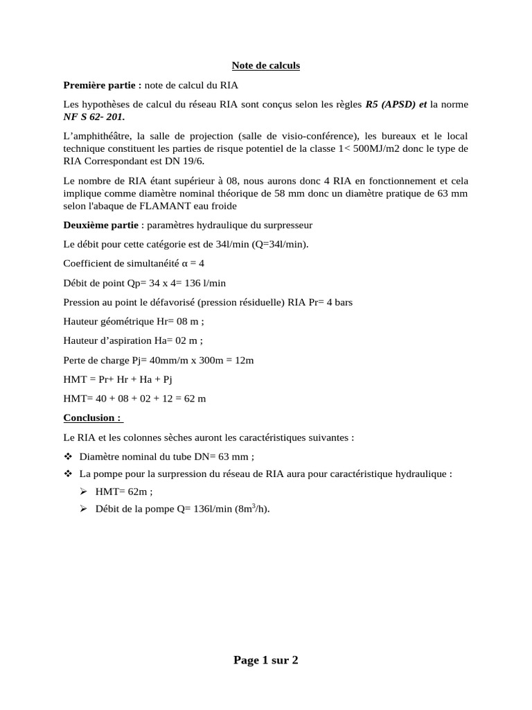 Calculs techniques pour réseau RIA | PDF